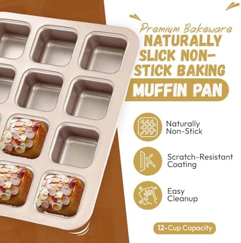 Good Dee's Square Non-Stick 12-Cup Muffin Pan - Naturally Slick - Carbon Steel - PTFE & PFOA Free - Perfect for Brownies, Cupcakes, Muffins, and More