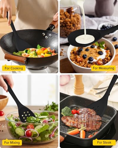 BUNDLEPRO Silicone Cooking Utensils Set, 4 Pcs Spatula and Spoon Set, Black