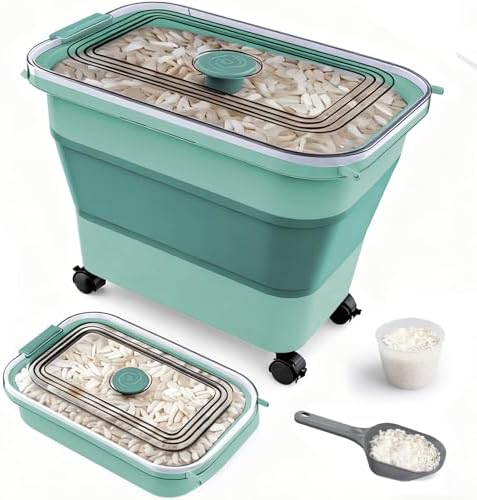 Rice Storage Container, Collapsible Airtight Food Storage Containers 20-30lbs with Clear Lid and Wheels, Rice Dispenser with Scoop for Flour Cereal Pasta Grain, Cat Pet Bird Dog Food Storage Container