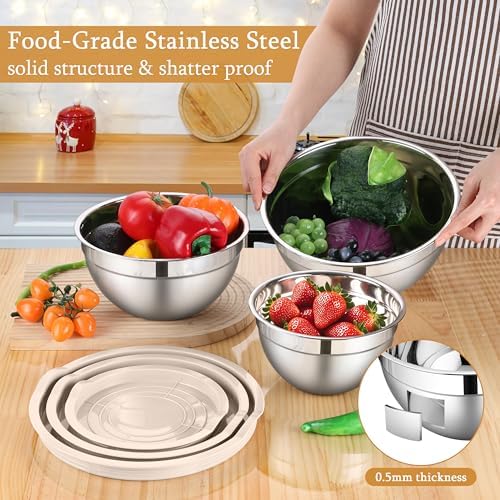 LIANYU Mixing Bowls with Lids Set, 3 Packs Stainless Steel Metal Bowls