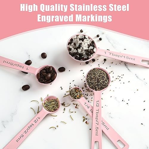 Stainless Steel Measuring Spoons Set of 5, Metal Measuring Cups and Spoons Set for Liquid/Food/Kitchen/Baking (Pink)
