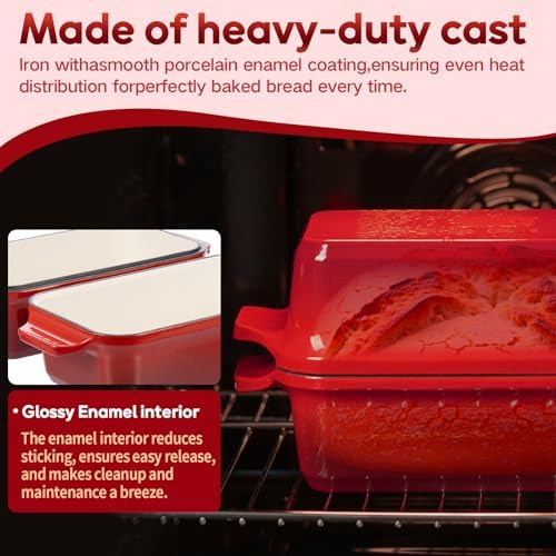 Enameled Cast Iron Dutch Oven for Sourdough Bread Baking, 9×5 Dutch Oven Pot with Lid, 2 in 1 Bread Pans with Lid for Baking, Roasting & Braising, Easy Release, Oven & Induction Safe (4.2 QT,Red)