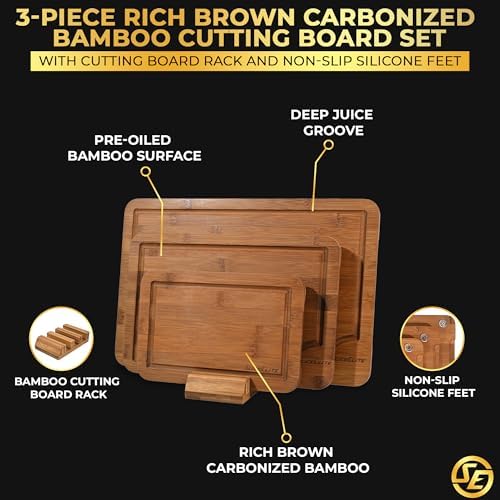 SliceElite Rich Brown Carbonized Bamboo Cutting Board Set 3 Piece Kitchen Boards with Deep Juice Groove Non Slip Silicone Feet Space Saving Rack Stand for Chopping Serving Meal Prep and Charcuterie