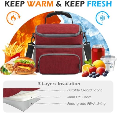 FlowFly Double Layer Cooler Insulated Lunch Bag Adult Lunch Box Large Tote Bag for Men, Women, With Adjustable Strap,Front Pocket and Dual Large Mesh Side Pockets