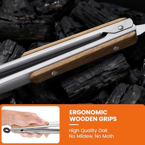 12-Inch Stainless Steel Kitchen Tongs with Oak Wood Handle,Heavy Duty