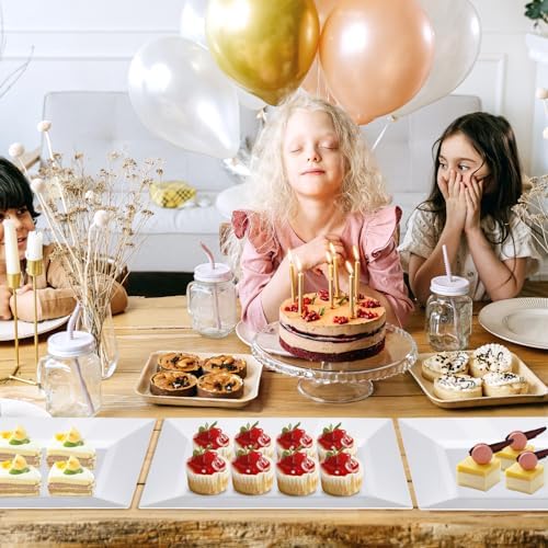Mwellewm 12 Pcs White Plastic Serving Trays, 14''x9'' Rectangle Dessert Trays for Dessert Table, Party Food Display Set Disposable Platters Cookie Cupcake Gold Serving Tray for Birthday Party Wedding