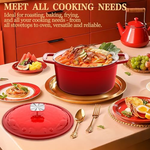 DUTZUN Enameled Cast Iron Dutch Oven - 5 Quart, Crab Lid (Patented), Oversized Knob, for Bread Baking Braiser, Cooking Stock Pot - Red