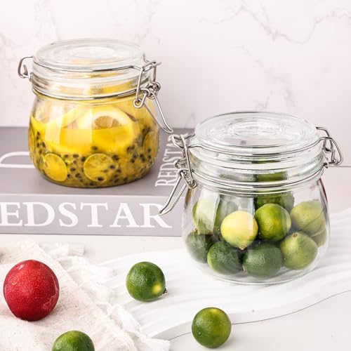 Liuruiyu 16oz - 6 Pack Round Glass Jars with Airtight Lid, Wide Mouth Mason Jars with Clamp Lids, Air Tight Glass Canisters, Food Storage Containers for Cereal, Pasta, Beans, Sugar, Coffee, Spice