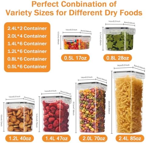 30 PCS Airtight Food Storage Containers with Lids, Plastic Kitchen and Organization Canisters for Cereal, Dry Food, Flour and Sugar, BPA-Free, PVC-Free, Includes Labels & Marker