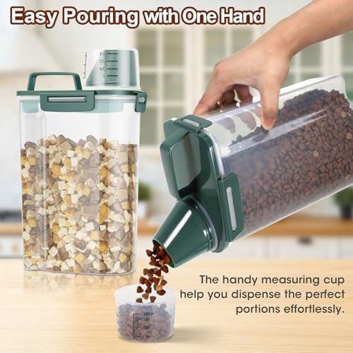 TBMax Small Dog Cat Food Storage Containers 2 Pack, Travel-Friendly Pet Food Container with Spout & Measuring Cup, Portable Pet Feeding Dispenser, Bird Seed Container-Dark Green