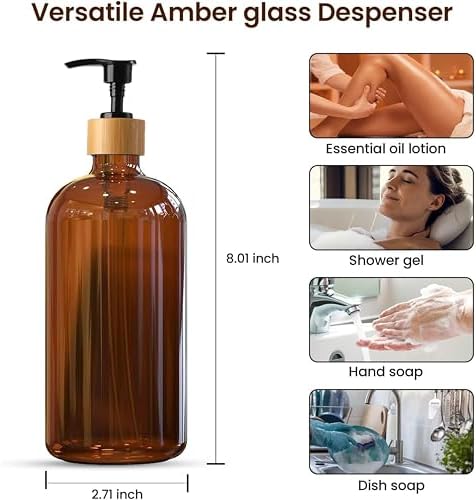 Sunrise Premium Amber Glass Soap Dispenser, Bamboo Pump with Tray, 2 Pack