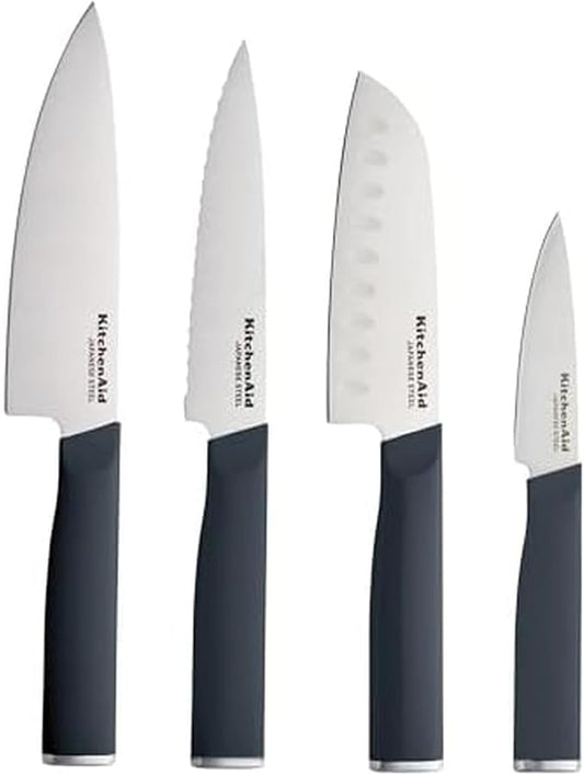 KitchenAid Chef Set with Custom Fit Covers, Sharp Kitchen Knife, High-Carbon Japanese Stainless Steel Blade, 4 Piece, Charcoal Gray
