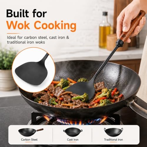 WANGYUANJI Chinese Iron Wok Spatula, Traditional Metal Wok Shovel with Wooden Handle, Stir Fry Turner for Carbon Steel, Cast Iron and Iron Woks, Hand Wash Only