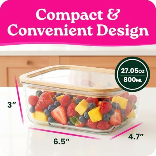 4-Pack Glass Food Storage Containers with Glass Lids & Bamboo Rim – Plastic Free 27 Oz Glass Meal Prep Containers for Lunch, Eco Friendly Airtight Food Storage, Microwave & Oven Safe