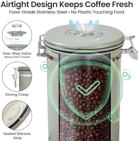Veken Coffee Canister,39OZ, 2.2lbs,Large Airtight Stainless Steel Container