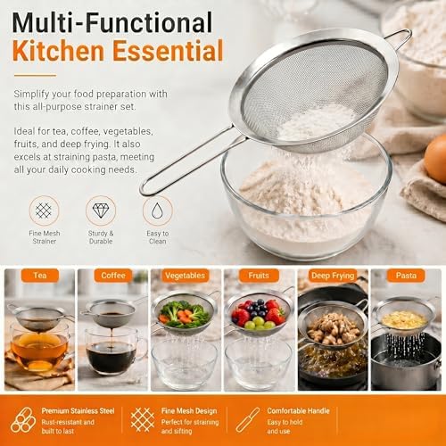 HiramWare Fine Mesh Strainer Set of 3, Premium Stainless Steel Colander with Handle, Large, Medium, Small Sieve for Tea, Pasta, Rice, Fruits, Berries, Flour, Veggies, Metal Sifter for Kitchen