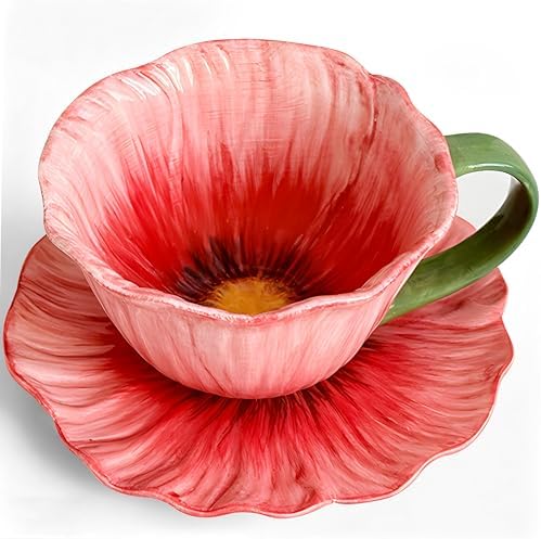 10 oz Tea Cups and Saucers, Ceramic Flower-shaped Cappuccino Cup, Latte Cup and Saucer set, elegant floral Espresso Cup set, Suitable for microwave and dishwasher-Red