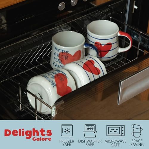 16oz Hand-painted Heart and Stripe Ceramic Mug Set of 4, Large Capacity Tea Milk Coffee Cups, Romantic Valentine Birthday Housewarming Gift for Women Coffee Lovers, Microwave & Dishwasher Safe