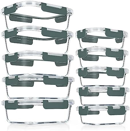 VERONES 10 PACK Glass Meal Prep Containers Set with Lids, Grey