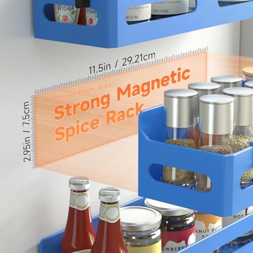 Sevenblue 4-Pack Magnetic Spice Rack for Refrigerator with Hooks, Blue