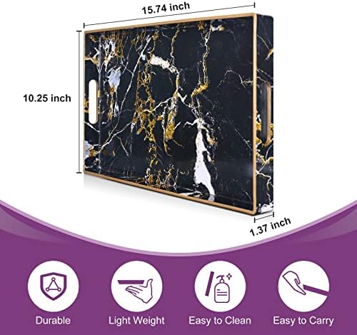 Gifturbo Black Serving Tray,Marble Decorative Serving Trays with Handles, Coffee Table Tray Ottoman Rectangular Plastic Trays with Gold Rim for Living Room, Bathroom，15.7 x 10.2 x1.37 inches
