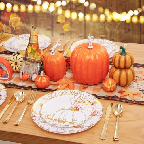 FLOWERCAT 60PCS Thanksgiving Plates & Gold Pumpkin Plates - Including 30PCS 10.25inch Thanksgiving Dinner Plates and 30PCS 7.5inch Dessert Plates for Giving Thanks Theme Party