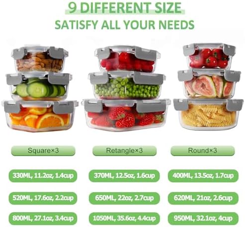 18 Piece Glass Food Storage Containers with Snap Locking Lids for Meal Prep