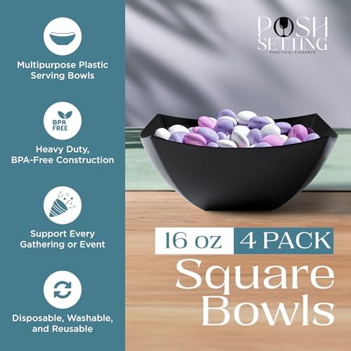 4 Pack Disposable Black Plastic Serving Bowls Square Party Candy Use 16oz