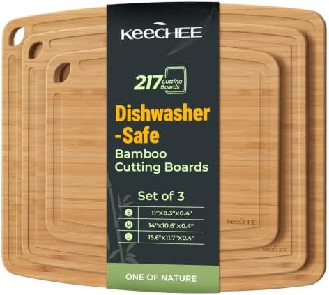 Keechee Dishwasher Safe Bamboo Cutting Boards Durable Lightweight Wood Cutting Board for Busy Kitchen, Easy Clean Wooden Chopping Boards with Juice Groove Set of 3 (L+M+S)