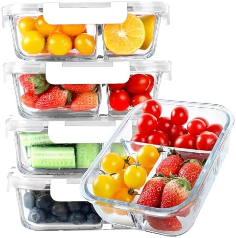 KOMUEE Glass Meal Prep Containers 3 Compartments, 5 Pack 36 oz, White