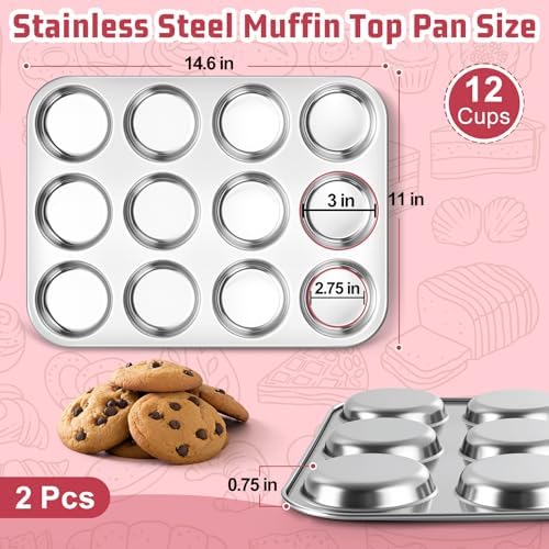 E-far 2 Pack Muffin Top Pan, 12-Cavity Stainless Steel Shallow Cupcake Pan
