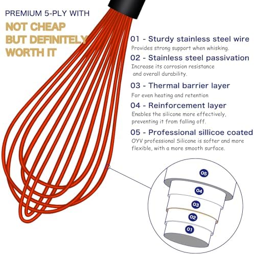 OYV Red Silicone Whisk Set of 3, 8/10/12 Inch, Dishwasher Safe
