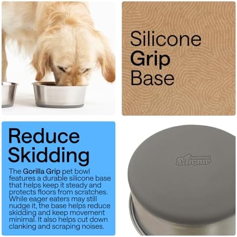 GORILLA GRIP Dog Bowls, Food Grade Stainless Steel, Set of 2, 6 Cup, Gray
