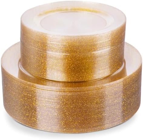 Goodluck 120PCS Gold Plastic Plates, Disposable Gold Glitter Plates