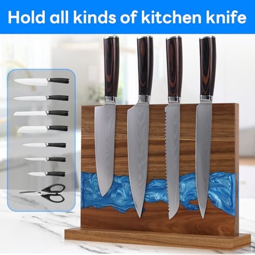 Magnetic Knife Block | Double Sided Magnetic Knife Holder | Acacia Wood Magnetic Knife Rack | Magnetic Knife Storage Stand for Kitchen Counter, Blue Resin River, 12.59×9.84IN (No Knife)