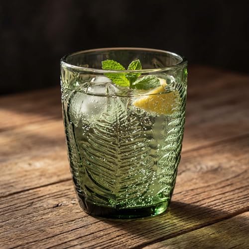 Green Drinking Glasses Set of 4, 10 oz Glass Cups, Vintage Fern Glassware