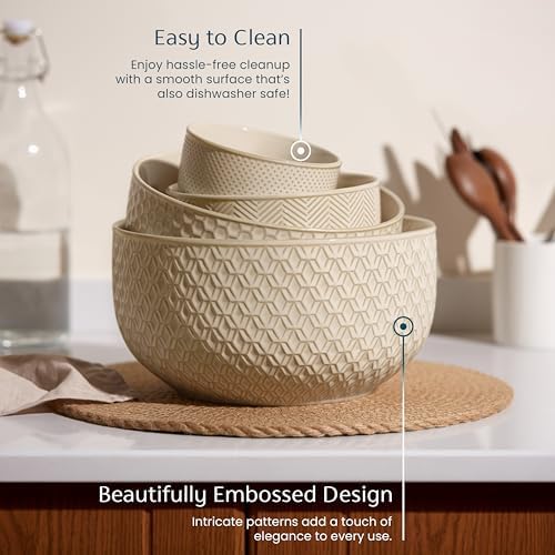 KooK Ceramic Nesting Bowls, Embossed, Oven Safe, Set of 4, Almond