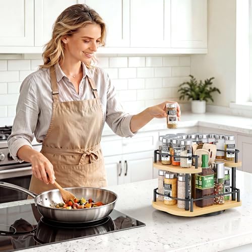 SNTD Lazy Susan Spice Rack Organizer for Cabinet, Wood, Natural, 12 in