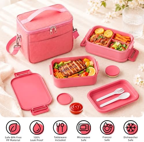Jelife Bento Box Adult Lunch Box with Lunch Bags for Girls Women, Pink