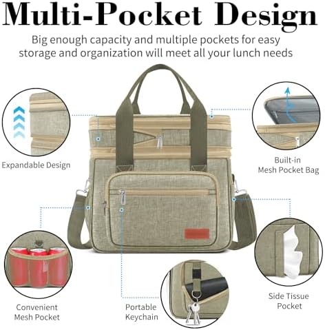 Coobiiya Insulated Lunch Box for Men & Women, Leakproof Lunch Bag Cooler Bag with 4 Pockets,Heavy Duty Lunch Bags Men Cooler Bags for Camping, Travel, Work Kayaking & Beach