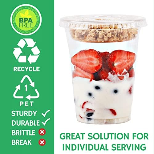 Aatriet [150 SETS 12 oz Clear Plastic Parfait Cups with Insert 3.25oz & Flat Lids No Hole, Yogurt Fruit Parfait Cups for Kids, for Dips and Veggies, Take Away Breakfast and Snacks. No Leaking