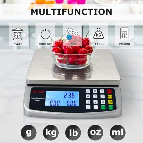 110lb/50kg Food Scale Digital Kitchen Scale with Tray Large LCD Display 304 Stainless Steel Commercial Price Computing Scale Counting Scale for Baking Cooking Meat Industry Counting Adapter Included