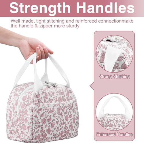 TESAFNG Lunch Bag - Insulated Lunch Box for Women, Reusable Large Capacity Cooler Bag for Adult, Small Leakproof Cute Corduroy Lunch Tote for Work Office Travel Picnic (Corduroy Pink-Flower)