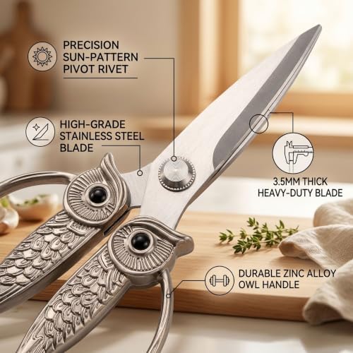 XSNBRD All Purpose Kitchen Shears,Pearl Nickel Stainless Steel Owl Scissors