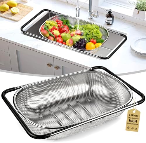 FirstE Stainless Steel Over the Sink Colander Strainer Basket 6 Quart