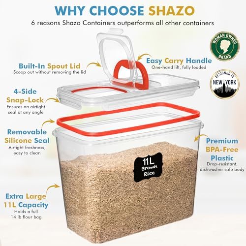 Shazo 2 PC (11L | 372 oz) Flour Sugar Storage Containers with Spout Lid & Easy Carry Handle - BPA Free Extra Large Airtight Food Storage Containers with Lids - Rice Canisters Sets for Kitchen & Pantry