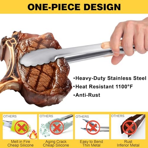 Premium Metal Kitchen Tongs for Cooking - Heat Resistant 1100°F Stainless Steel Tongs with Comfortable Wooden Grips - Perfect for Grill, Salad, Toaster, Cooking, and Serving Food (12-inch)