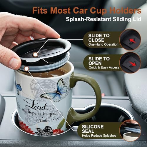 Topadorn 17oz Ceramic Travel Mugs Set of 2, Floral Coffee Mugs with Lids
