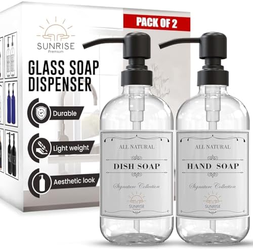 Sunrise Premium Clear Glass Soap Dispenser with Pump, 2 Pack