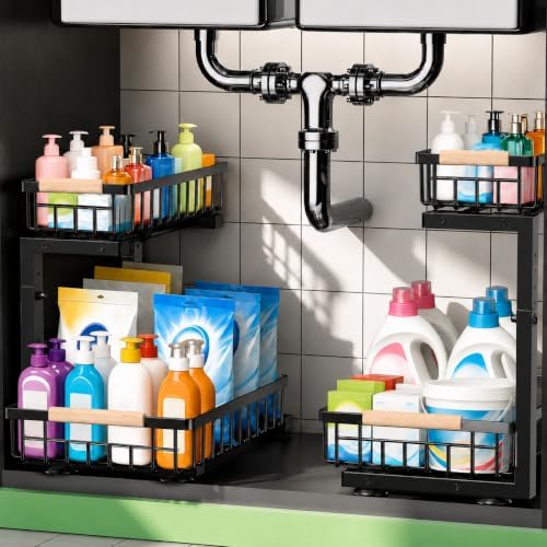 Under Sink Organizer 2 Pack, Double Slide Out Metal Shelf, Black